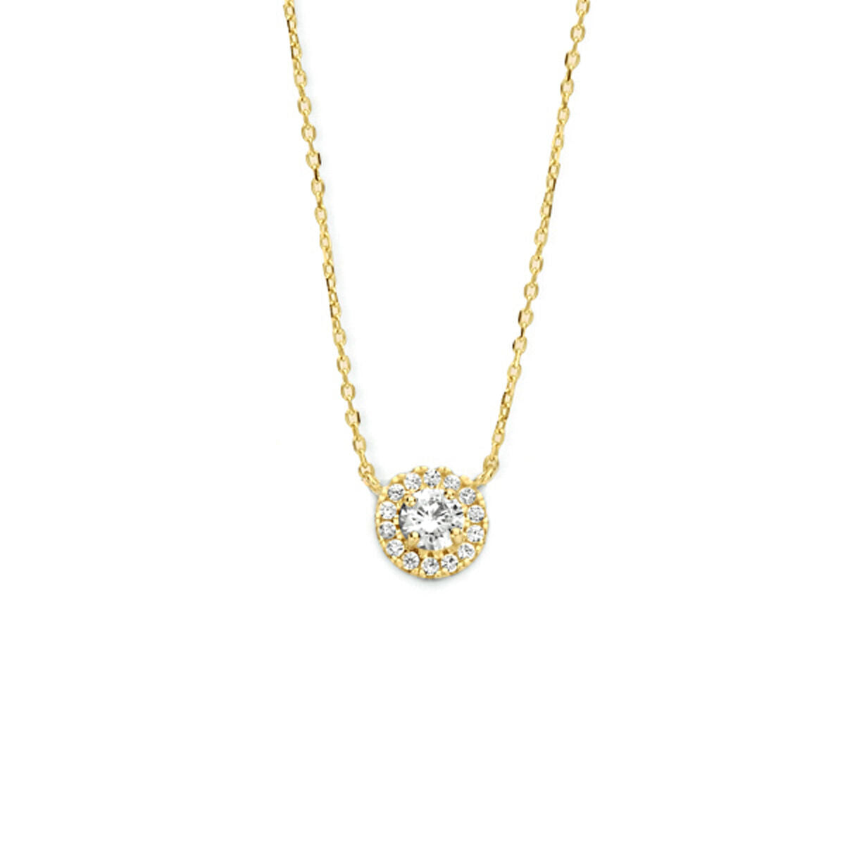 Collier van 14K geelgoud met een halo van zirkonia, verstelbaar van 40 tot 44 cm.