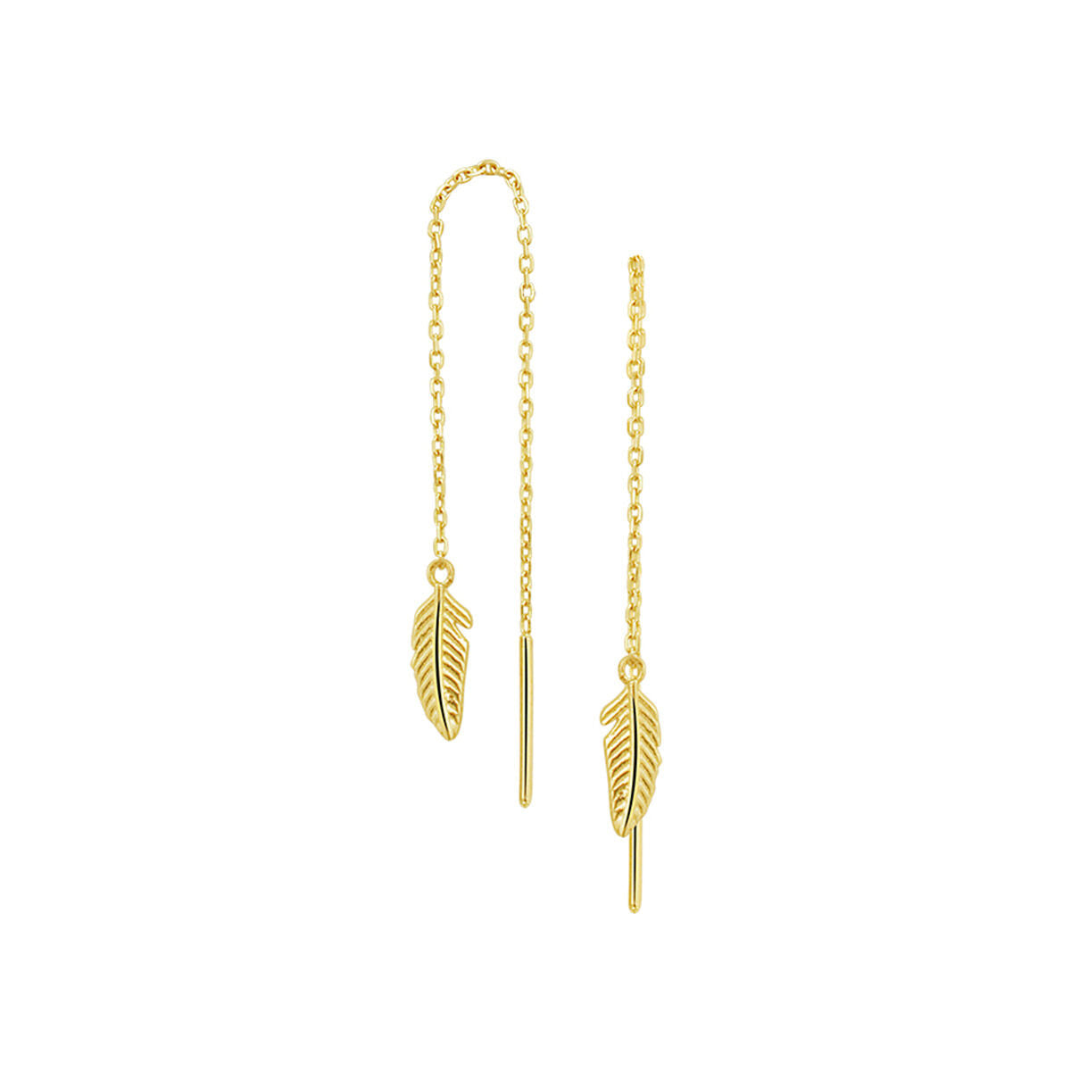 Doortrekoorbellen van 14K geelgoud met een veervormige hanger en een lange ketting.