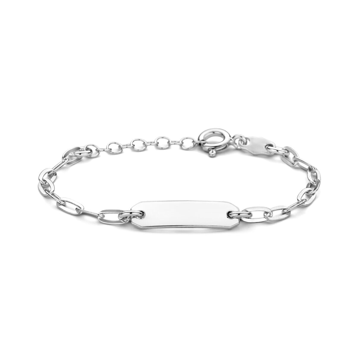 Zilveren baby armband met paperclip schakels en een platte buisplaat van 5,0 mm, gerhodineerd.