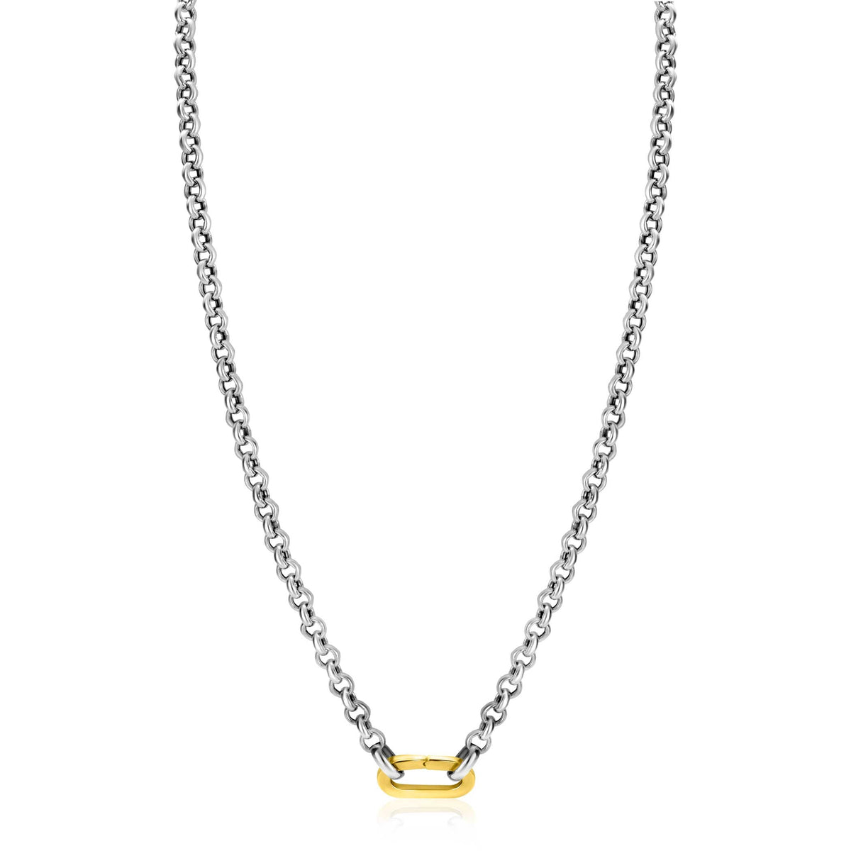 Zilveren ketting met een schakelontwerp en een gouden, rechthoekige hanger in het midden.