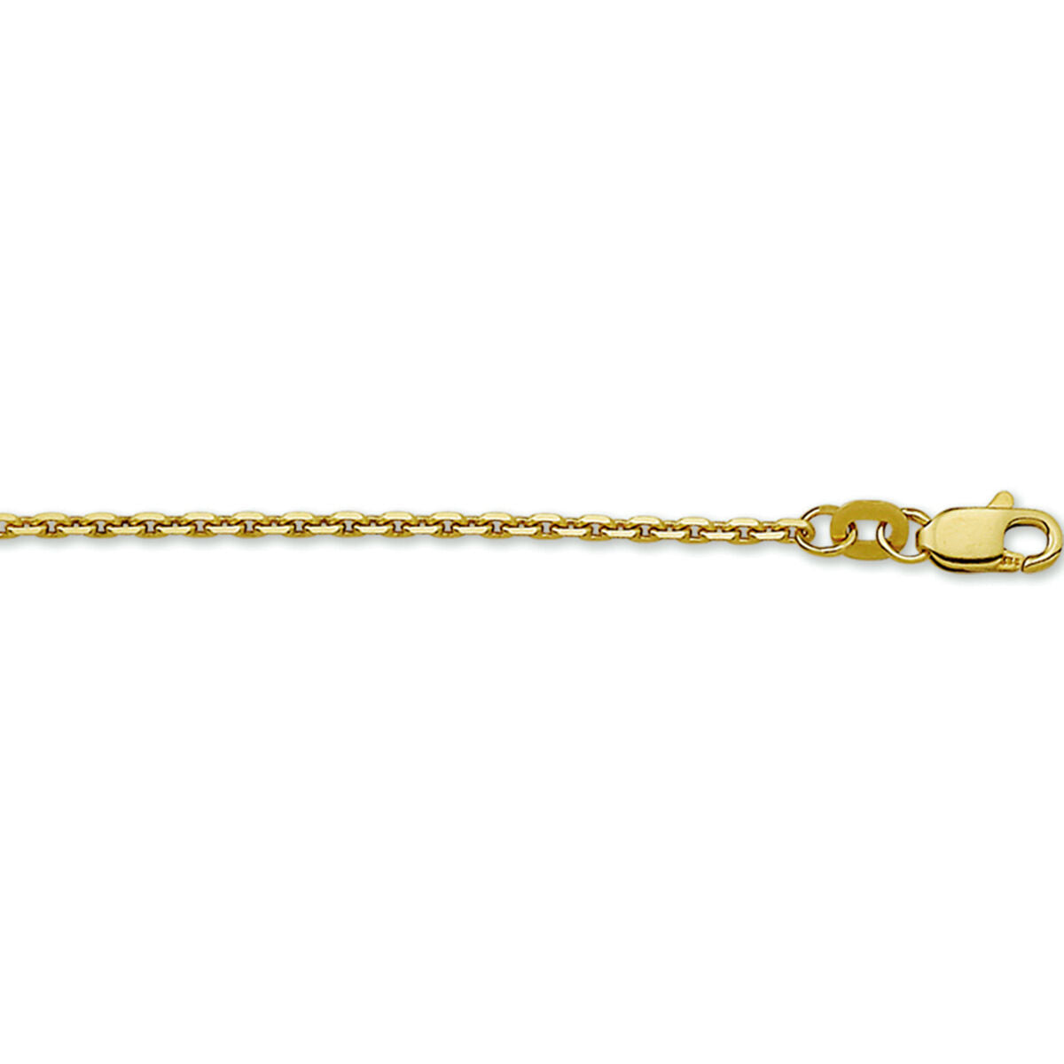Een close-up van het Van der Kooij Collectie collier anker gediamanteerd 1,6 mm in 14 karaat geelgoud met een karabijnsluiting, afgebeeld op een witte achtergrond. Dit unisex sieraad voegt tijdloze elegantie toe aan elke outfit.