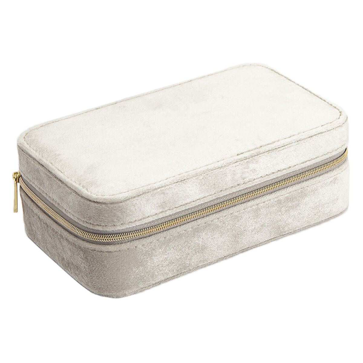 De Van der Kooij Collectie sieradendoos crème toebehoren is een rechthoekige, lichtbeige fluwelen sieradendoos met een gouden rits, perfect voor dames. Afgebeeld op een witte achtergrond.