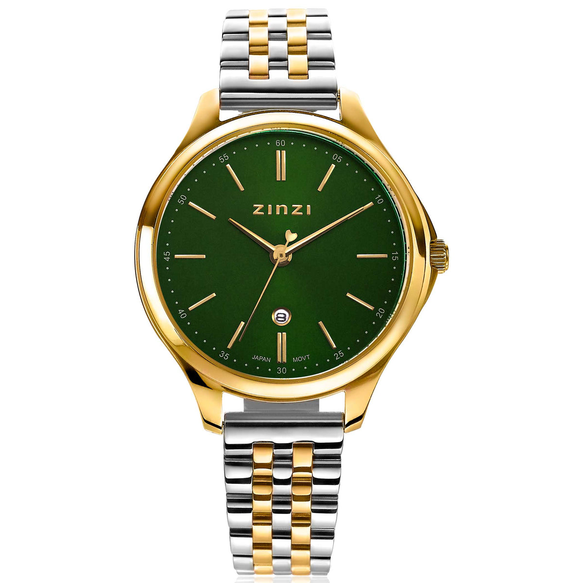 Goudkleurig horloge met groene wijzerplaat en een combinatie van goud- en zilverkleurige band.