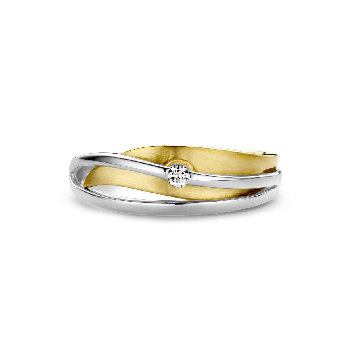 De Van der Kooij Collectie ring diamant 0.04ct h si is uitgevoerd in 14K tweekleurig geel/wit goud met een gedraaid ontwerp, voorzien van een matgouden band, gepolijste zilveren accenten en een fonkelend rond diamanten middenstuk.