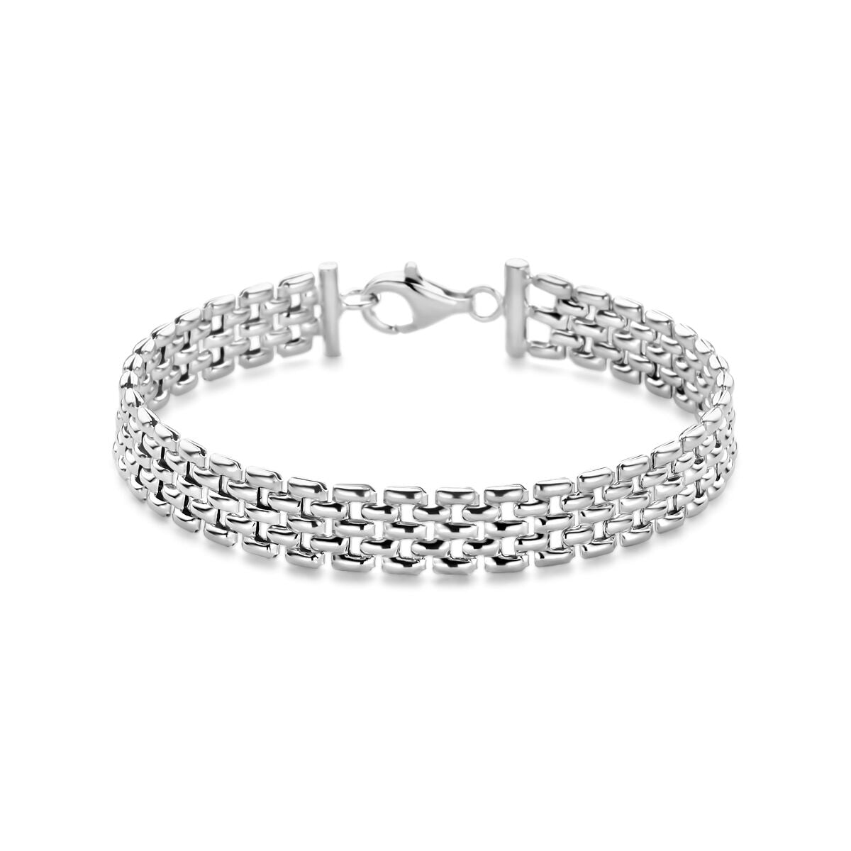 De Van der Kooij Collectie armband panter 8 mm 17 cm zilver gerhodineerd heeft een plat panter-link design en karabijnsluiting, afgebeeld op een witte achtergrond.