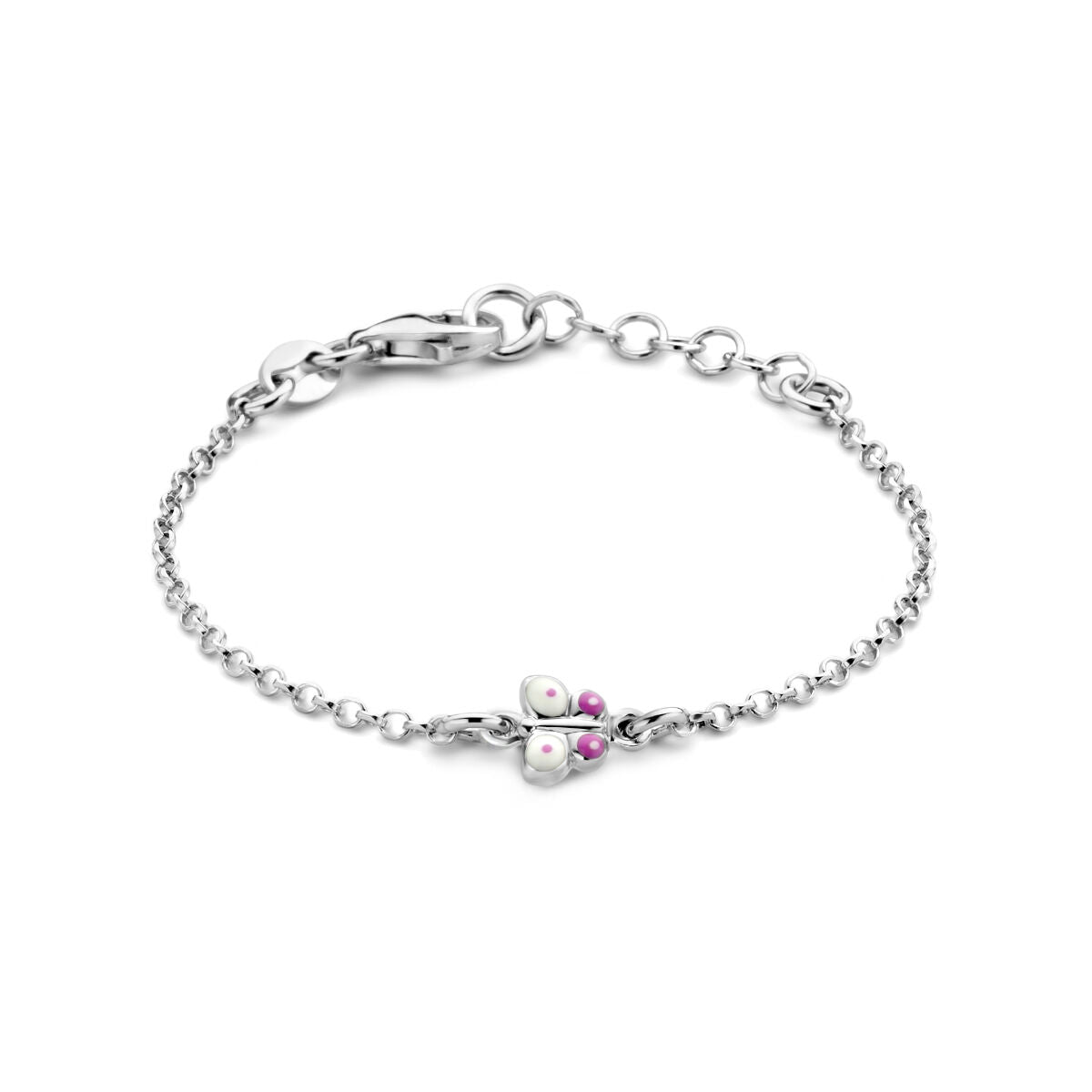Zilveren gerhodineerde armband met vlinderontwerp en parel- en steentjesdetails, lengte 11 + 2 cm.