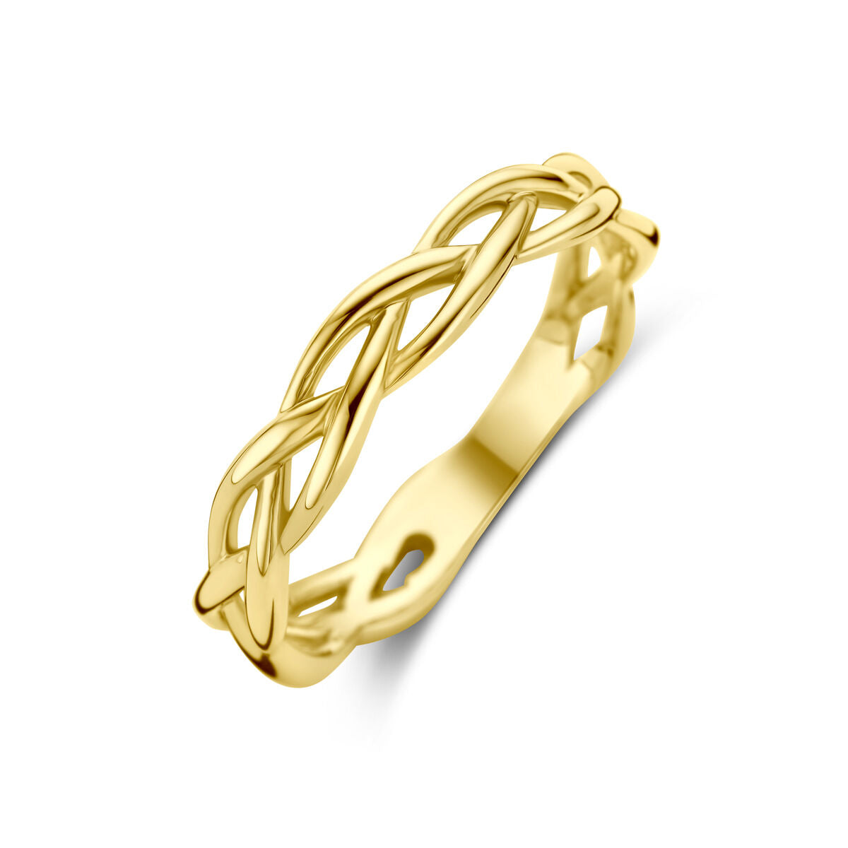De ring gevlochten 14K geelgoud van Van der Kooij Collectie heeft een elegante, gevlochten structuur en wordt getoond tegen een witte achtergrond.