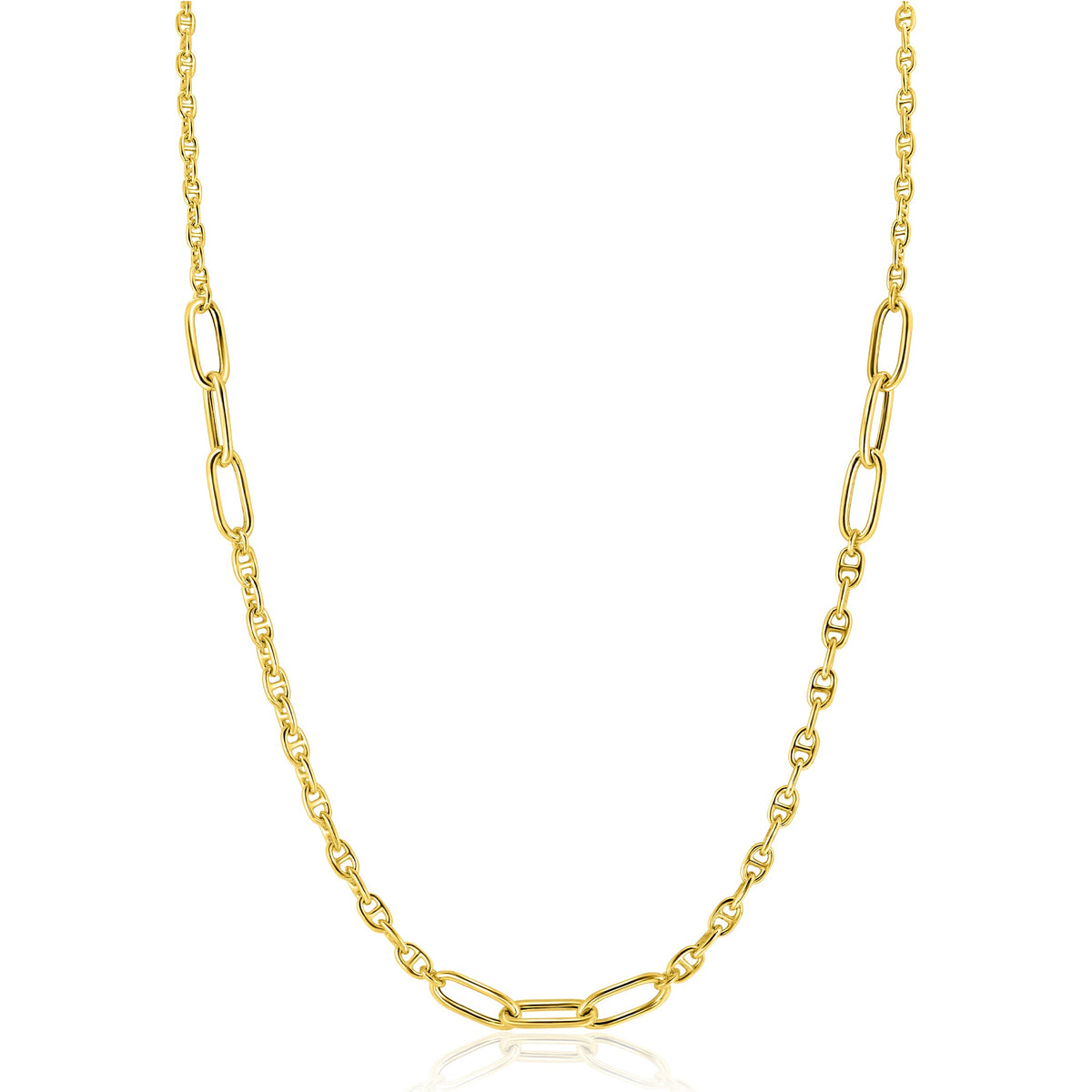 Gouden ketting met een schakelpatroon van ovale en rechte schakelvormen.