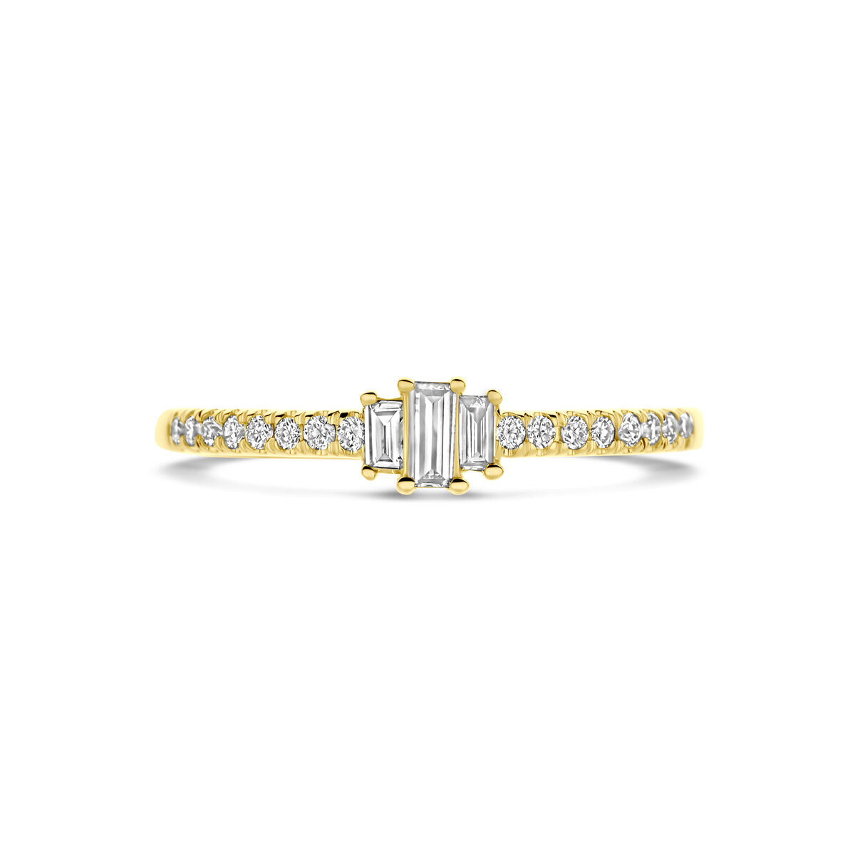 De Van der Kooij Collectie ring lab grown diamant 0.21ct h si in 14K geelgoud is een damesring met een rij ronde diamanten langs de band en drie rechthoekige baguette lab grown diamanten in het midden.