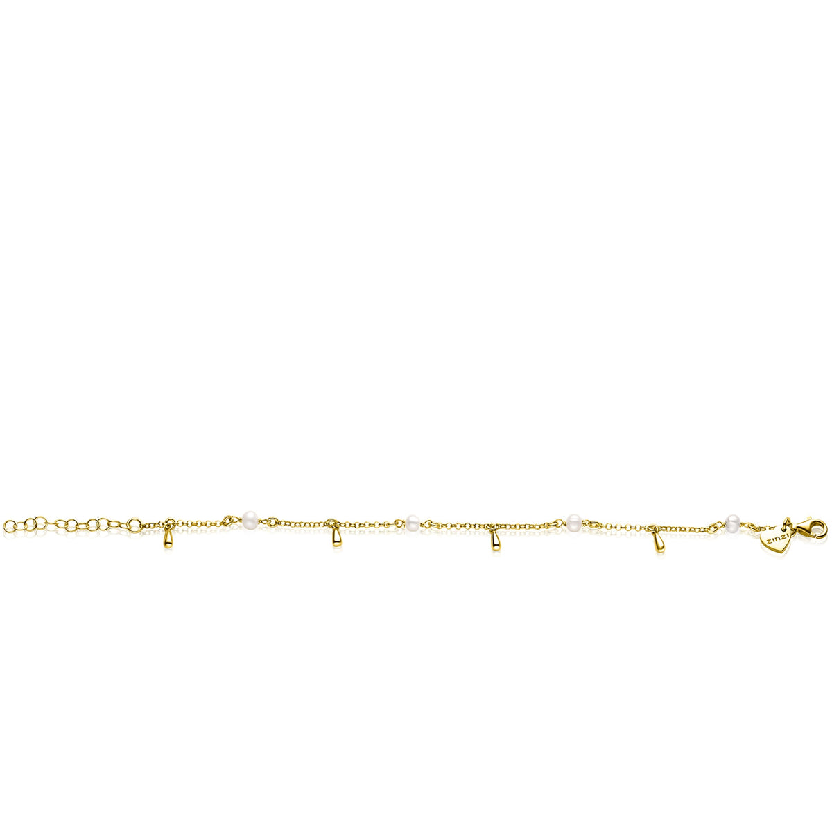 De Zinzi Armband Gold Plated ZIA2753 heeft een delicate gouden plating, kleine witte zoetwaterpareltjes die gelijkmatig verdeeld zijn over kleine gouden staafjes en is afgewerkt met een hartvormige sluiting.