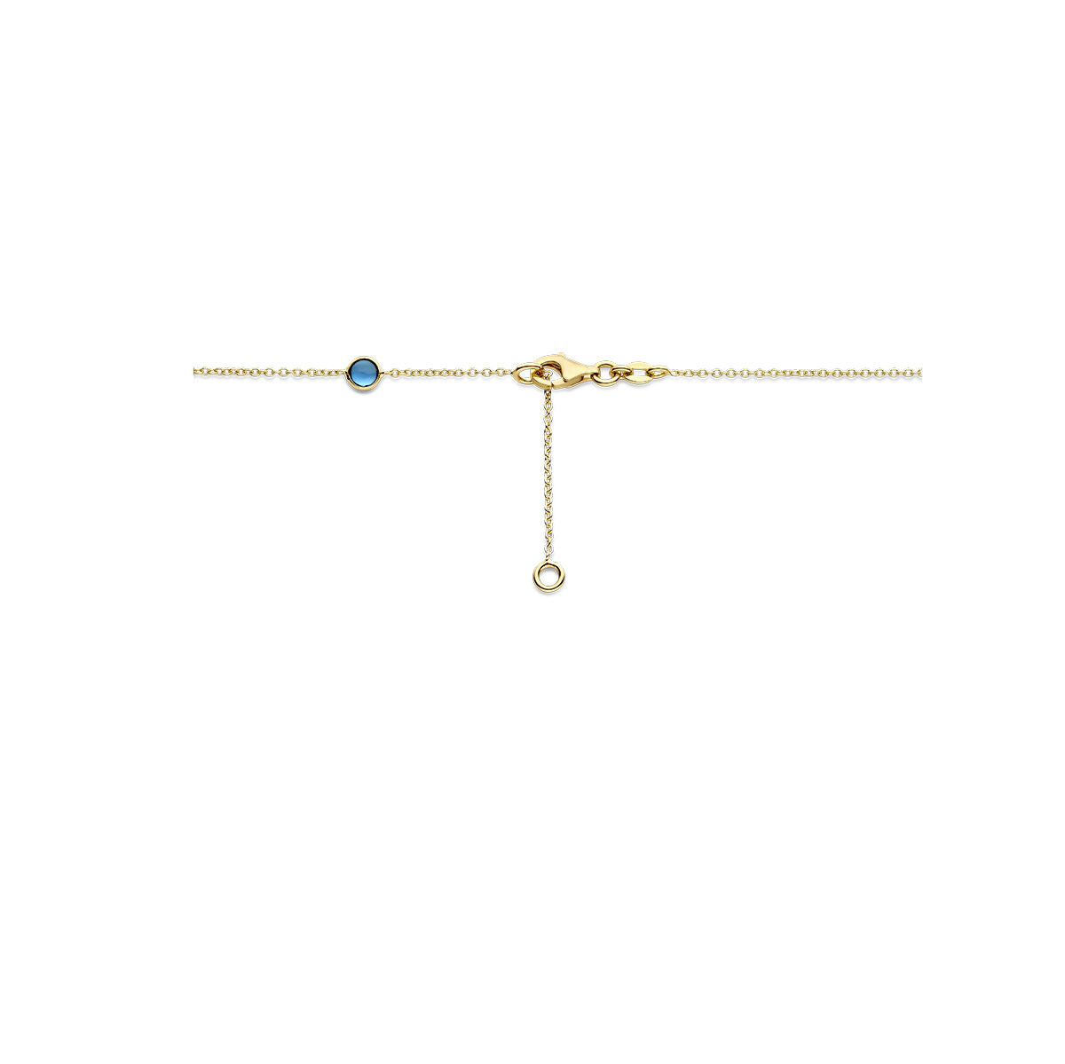 De Van der Kooij Collectie collier blauw topaas en london blue topaas (42-45 cm) in 14K geelgoud heeft delicate edelstenen en een verstelbare verlengketting met karabijnsluiting, afgebeeld op een witte achtergrond.