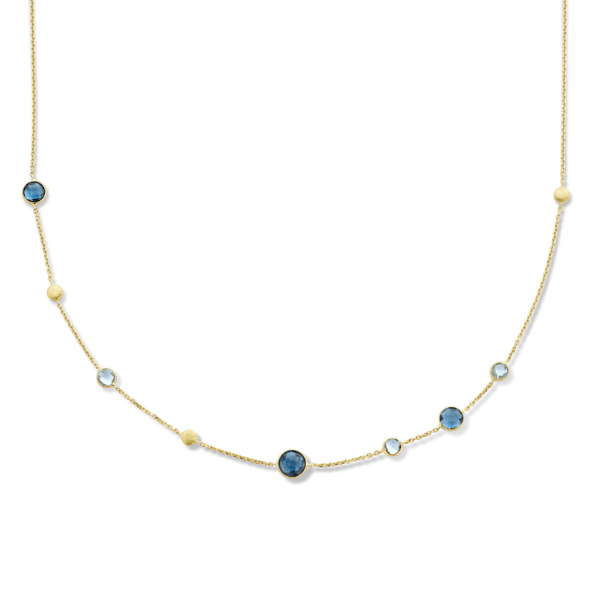 Gouden damesketting met london blue en blauwe topaas, versierd met ronde schakels van 14K.
