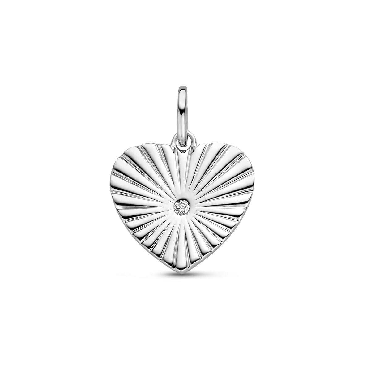 Hartvormige zilveren hanger met gerhodineerde afwerking en een diamant van 0.015 ct in het midden.