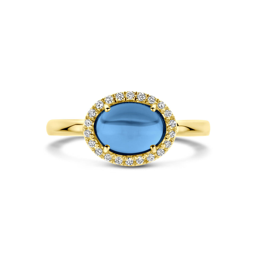 ring london blue topaas en diamant 0.09ct h si halo 14K geelgoud