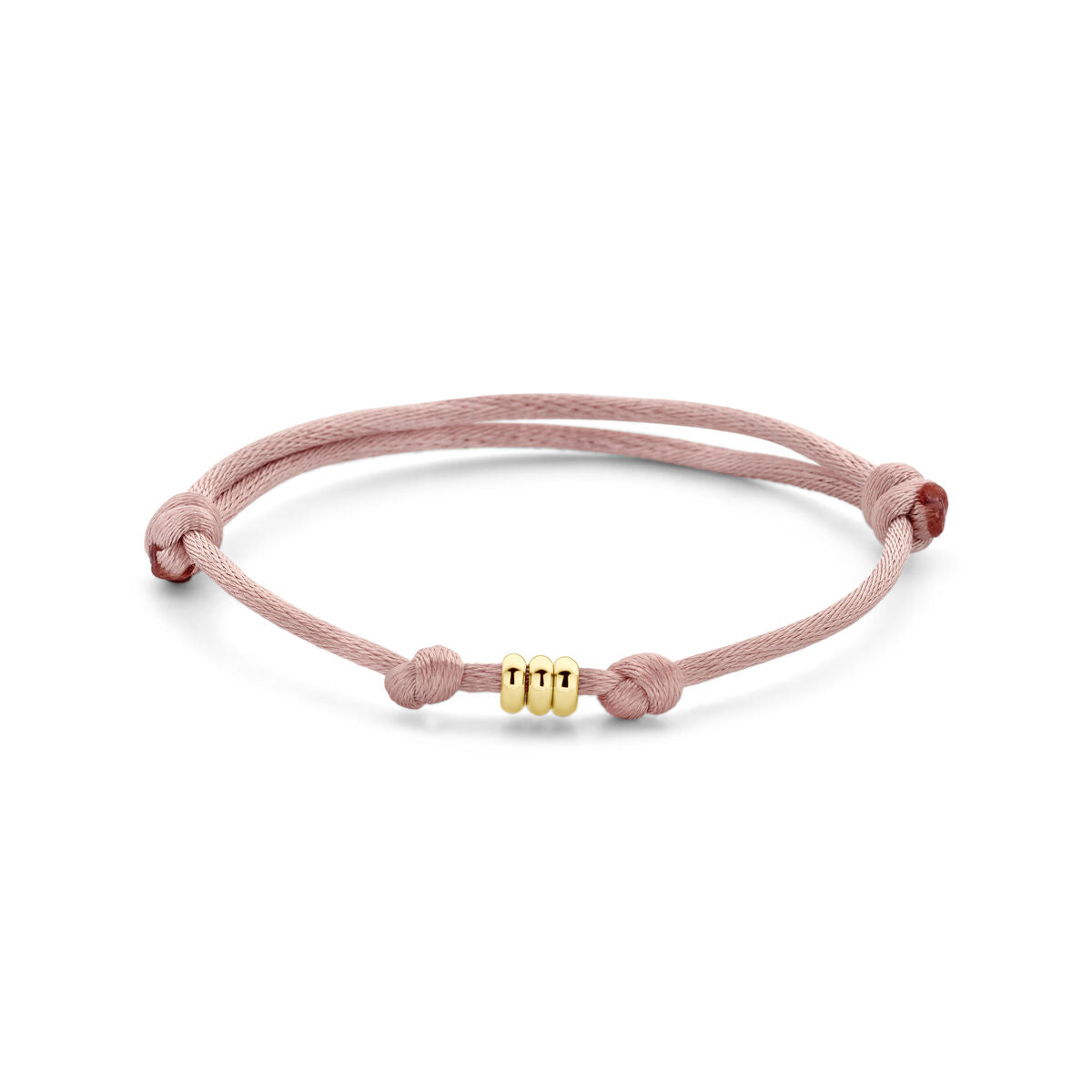 Zachte roze satijnen armband van 14K goud met knoopdetails en een verstelbare lengte van 13 tot 26 cm.