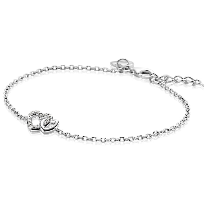 Zinzi Armband Zilver ZIA2493: zilveren armband van Zinzi met twee verweven hartjes, waarvan één bezet is met witte zirkonia's en een verstelbare sluiting met verlengketting.