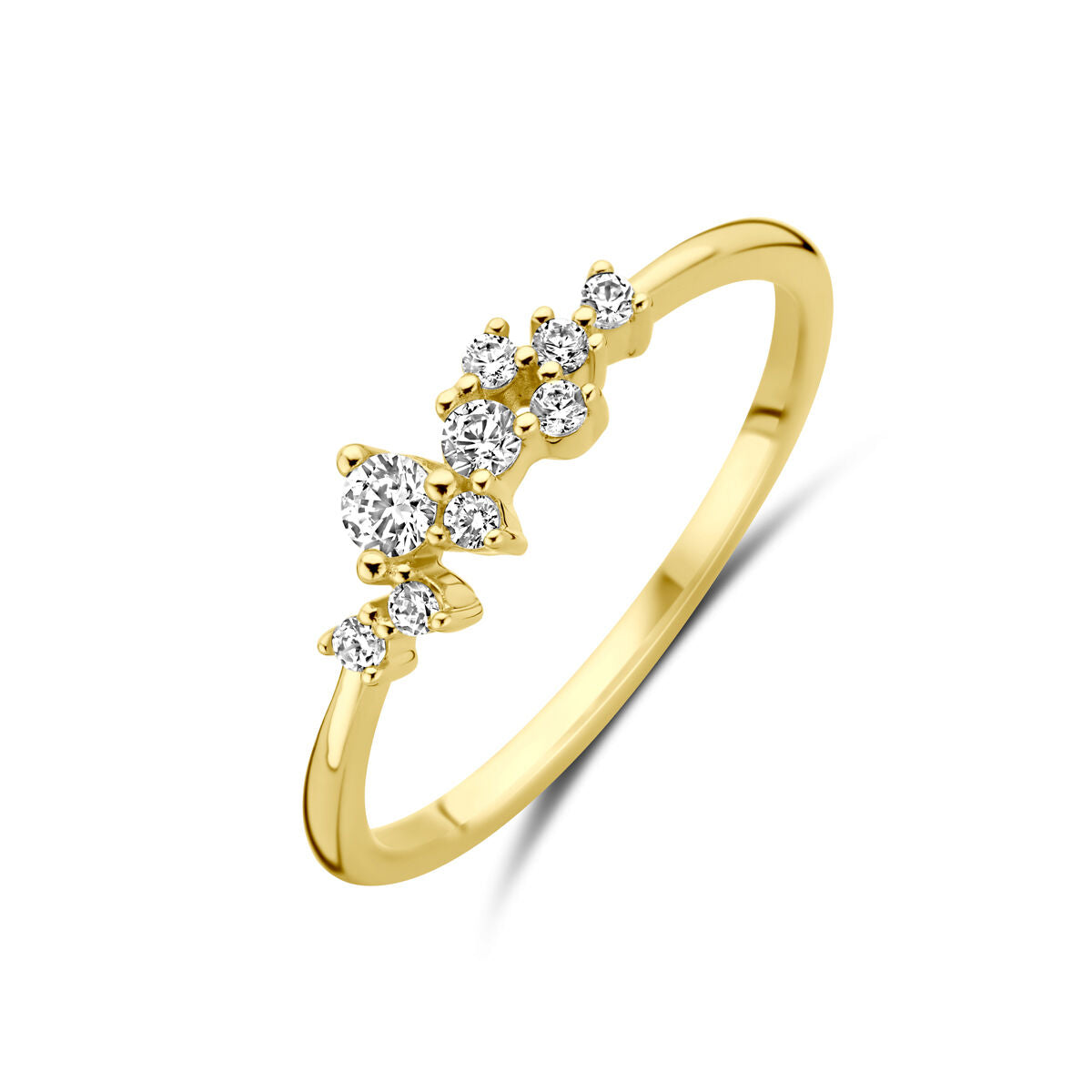 De Van der Kooij Collectie ring zirkonia 14K geelgoud is een slanke, gepolijste gouden damesring met een gebogen rij van zeven ronde zirkonia stenen in verschillende groottes, gezet tegen een witte achtergrond.