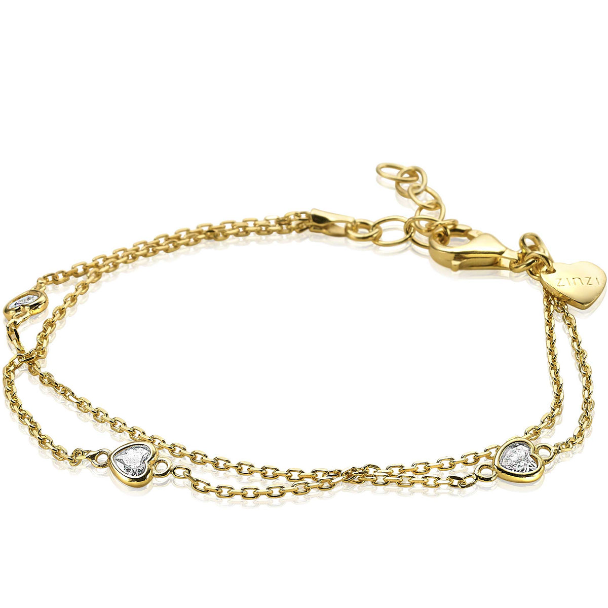 Gouden armband met twee schakels en hartvormige details met steentjes.