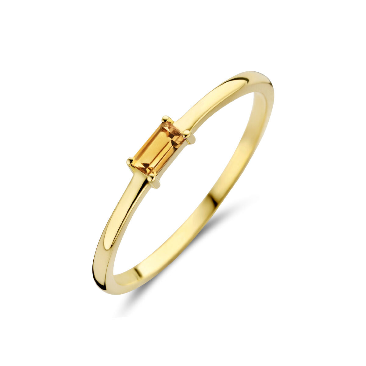 De ring met geboortesteen citrien november 14K geelgoud van Van der Kooij Collectie is een elegante damesring met een rechthoekige baguette citrien in het midden, getoond op een witte achtergrond.