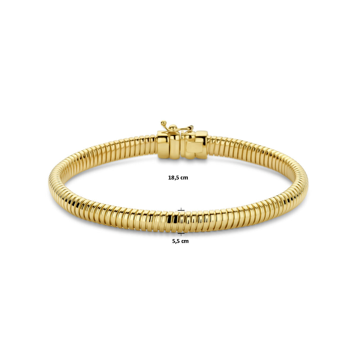 De Van der Kooij Collectie armband omega is een 14K geelgouden armband met een slangenketting design, 5,5 mm breed en 18,5 cm in omtrek, met een veilige sluiting en ronde vorm.