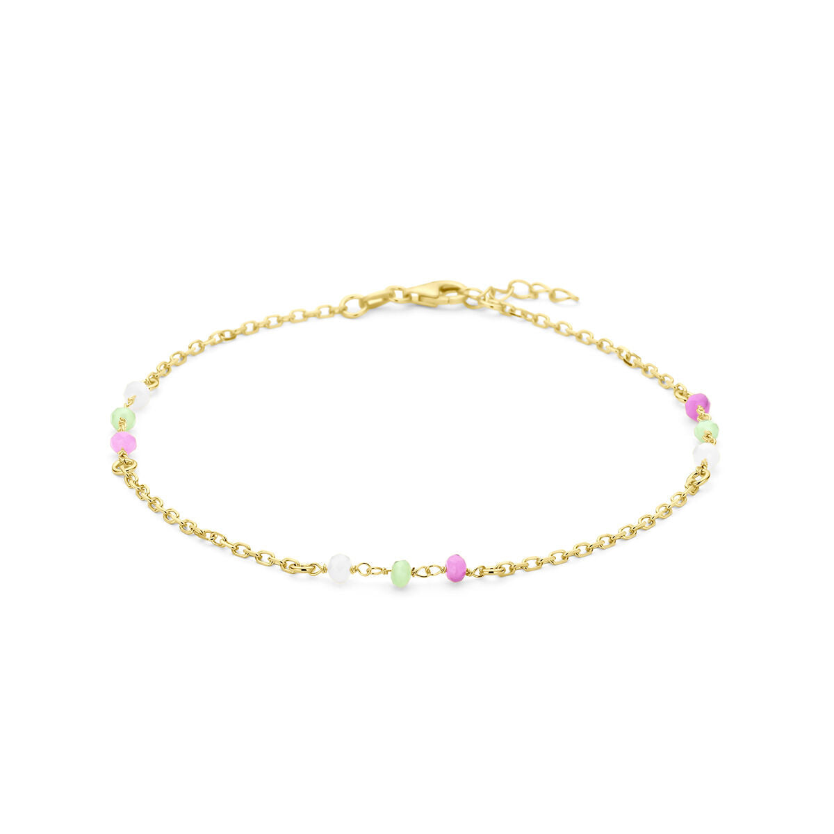 Enkelbandje van verguld zilver met kleurrijke kristal bolletjes in groen, roze en paars, lengte 24 + 2 cm.