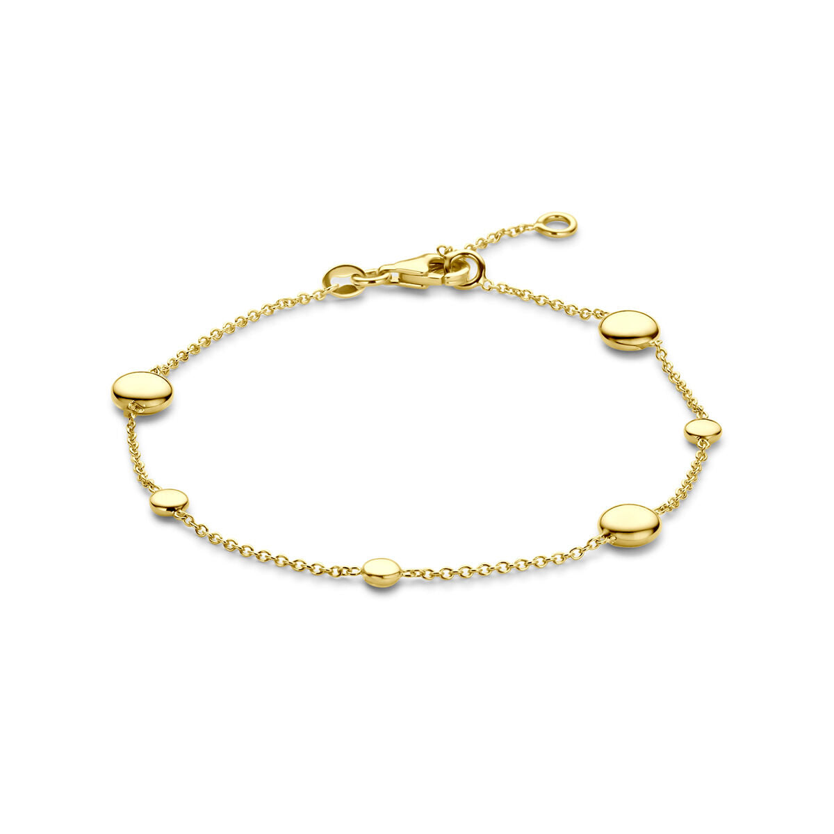 Armband van 14K geelgoud met ronde schijven, verstelbaar van 17 tot 19 cm.