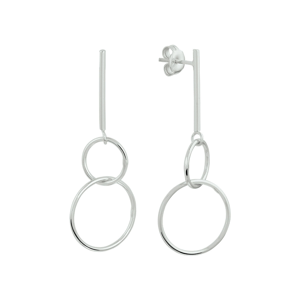 Zilveren gerhodineerde oorhangers met een ontwerp van twee ronde ringen, één groter dan de ander.
