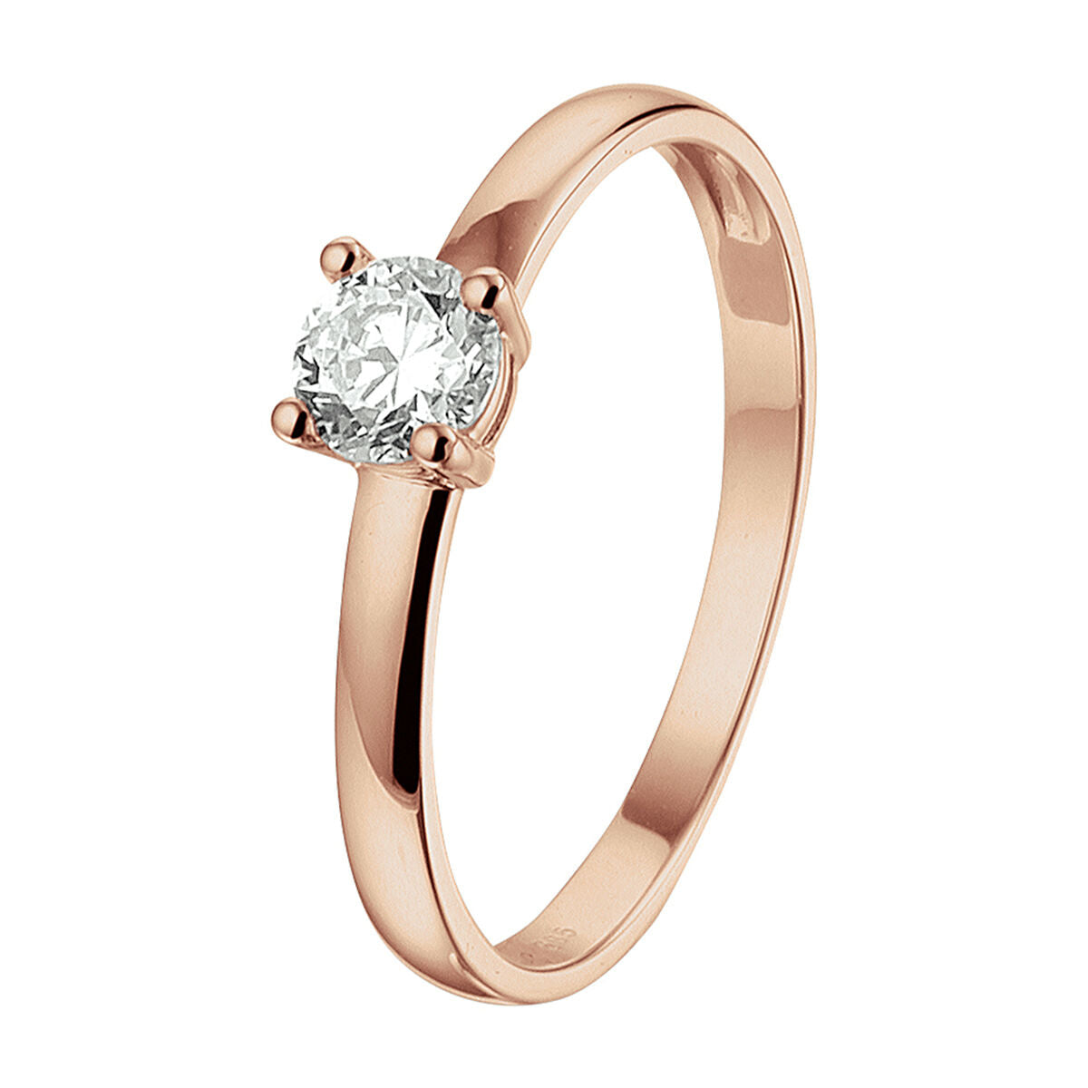 De Van der Kooij Collectie ring zirkonia 14K roségoud heeft een enkele rondgeslepen zirkonia in een zetting met vier tanden tegen een witte achtergrond.