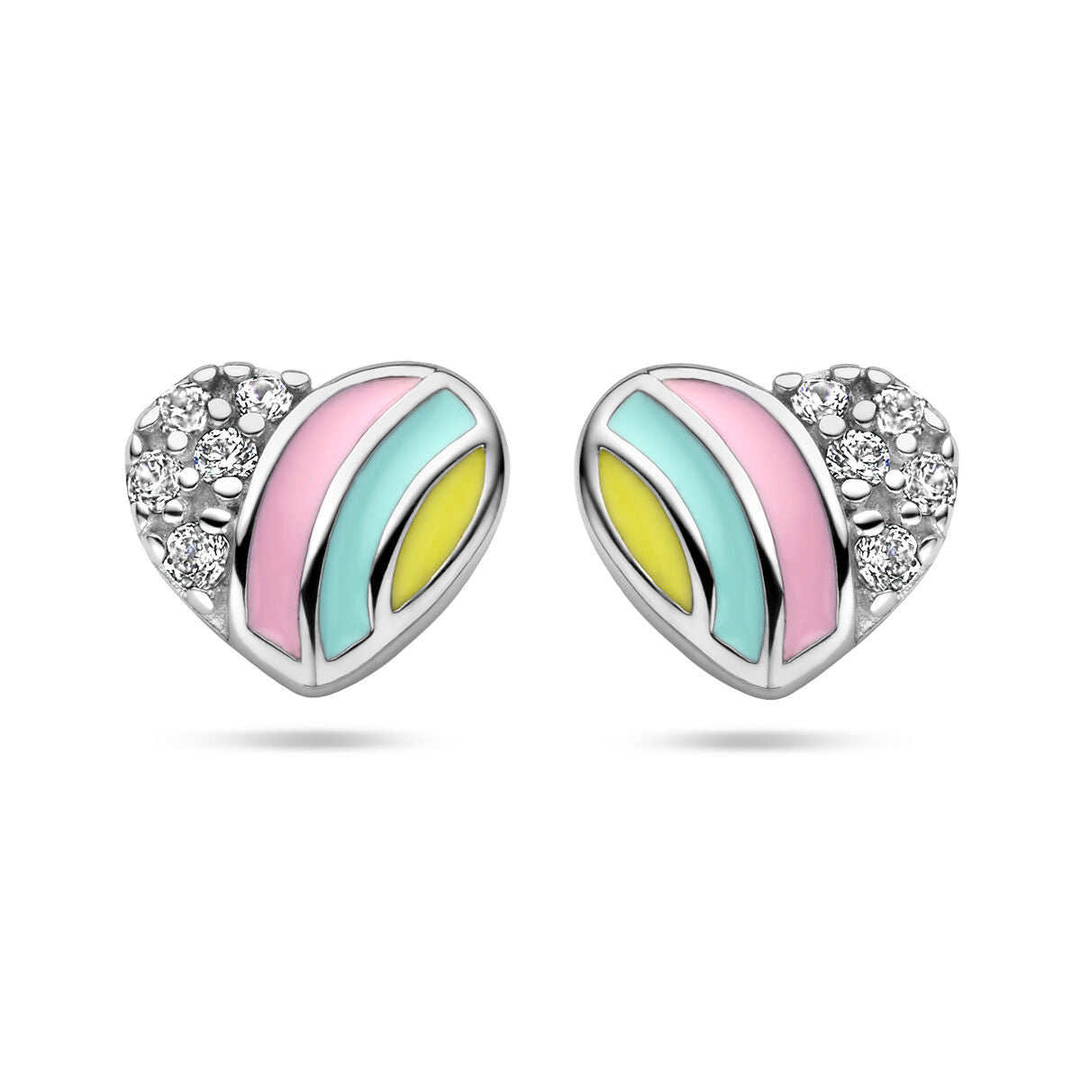 Van der Kooij Collectie oorknoppen hart en zirkonia zilver gerhodineerd: hartvormige studs met pastelroze, geel en lichtblauw emaille en één zijde versierd met fonkelende witte kristallen.