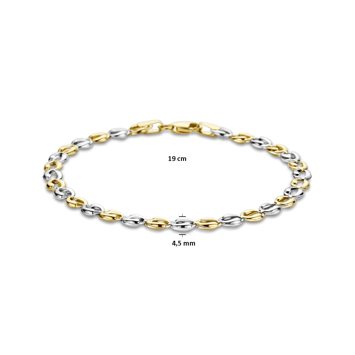 De Van der Kooij Collectie Gouden armband dames 14K bicolor heeft afwisselend gouden en zilveren schakels, is 19 cm lang en 4,5 mm breed en is elegant gefotografeerd op een witte achtergrond.