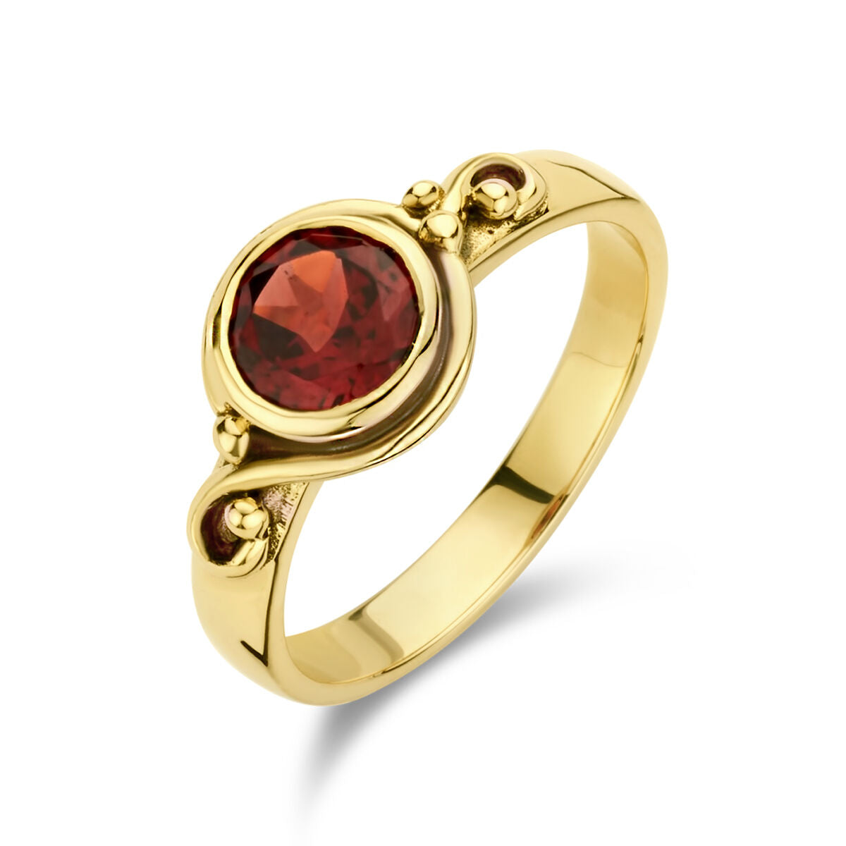 De vintage ring granaat oxi 14K geelgoud van Van der Kooij Collectie is een damesring met ronde granaat in bezelzetting en goudaccenten, gepresenteerd tegen een witte achtergrond.