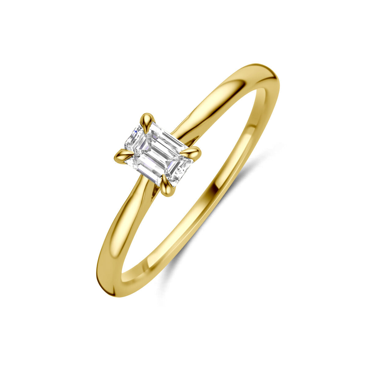 De Van der Kooij Collectie ring lab grown diamant 0.50ct H SI in 14K geelgoud toont een rechthoekige smaragdgeslepen lab diamant solitaire op een slanke, gepolijste band voor een elegante look.