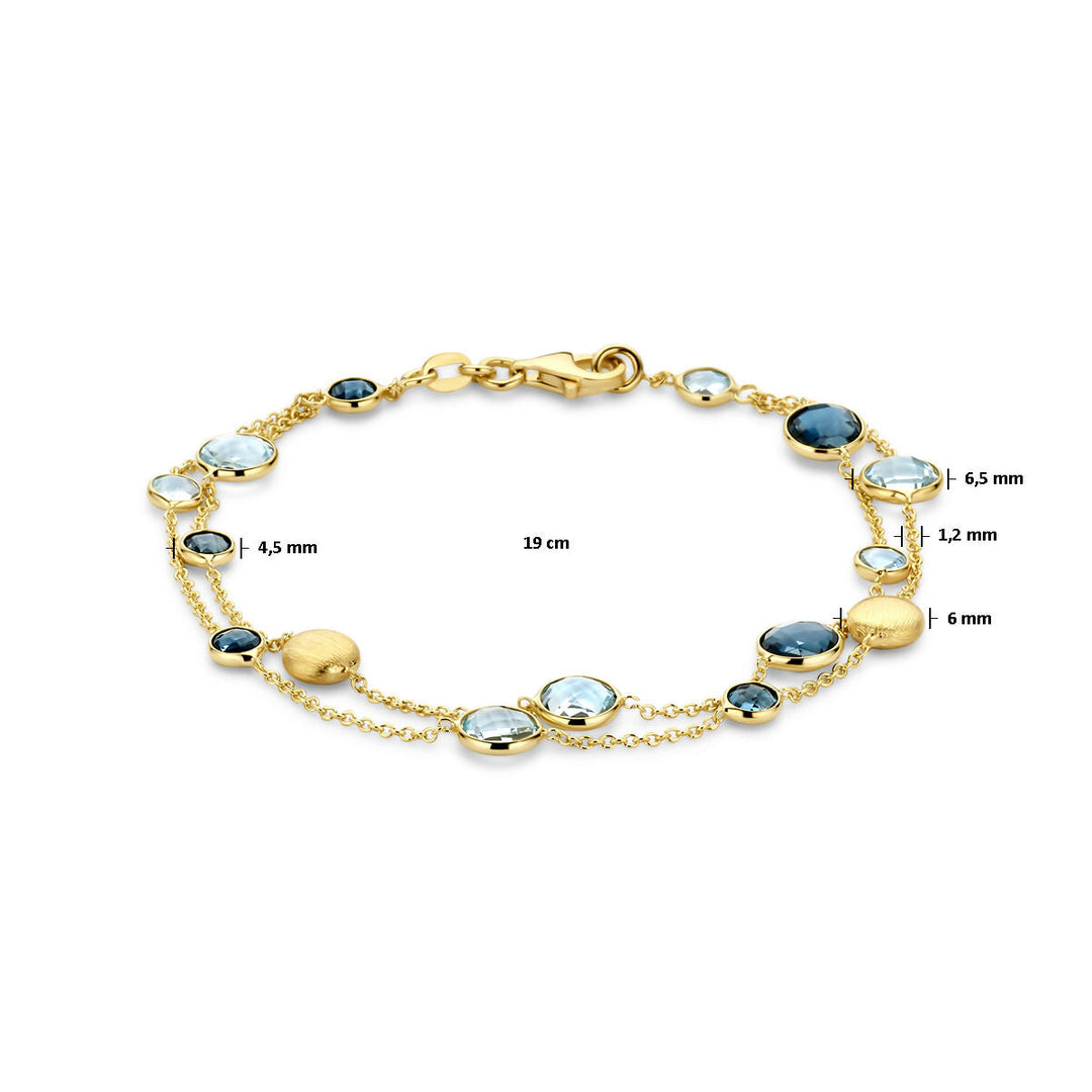 armband rondjes, sky blue topaas en london blue topaas 19 cm 14K geelgoud