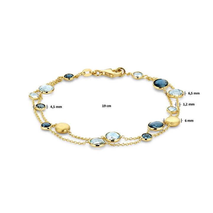 armband rondjes, sky blue topaas en london blue topaas 19 cm 14K geelgoud