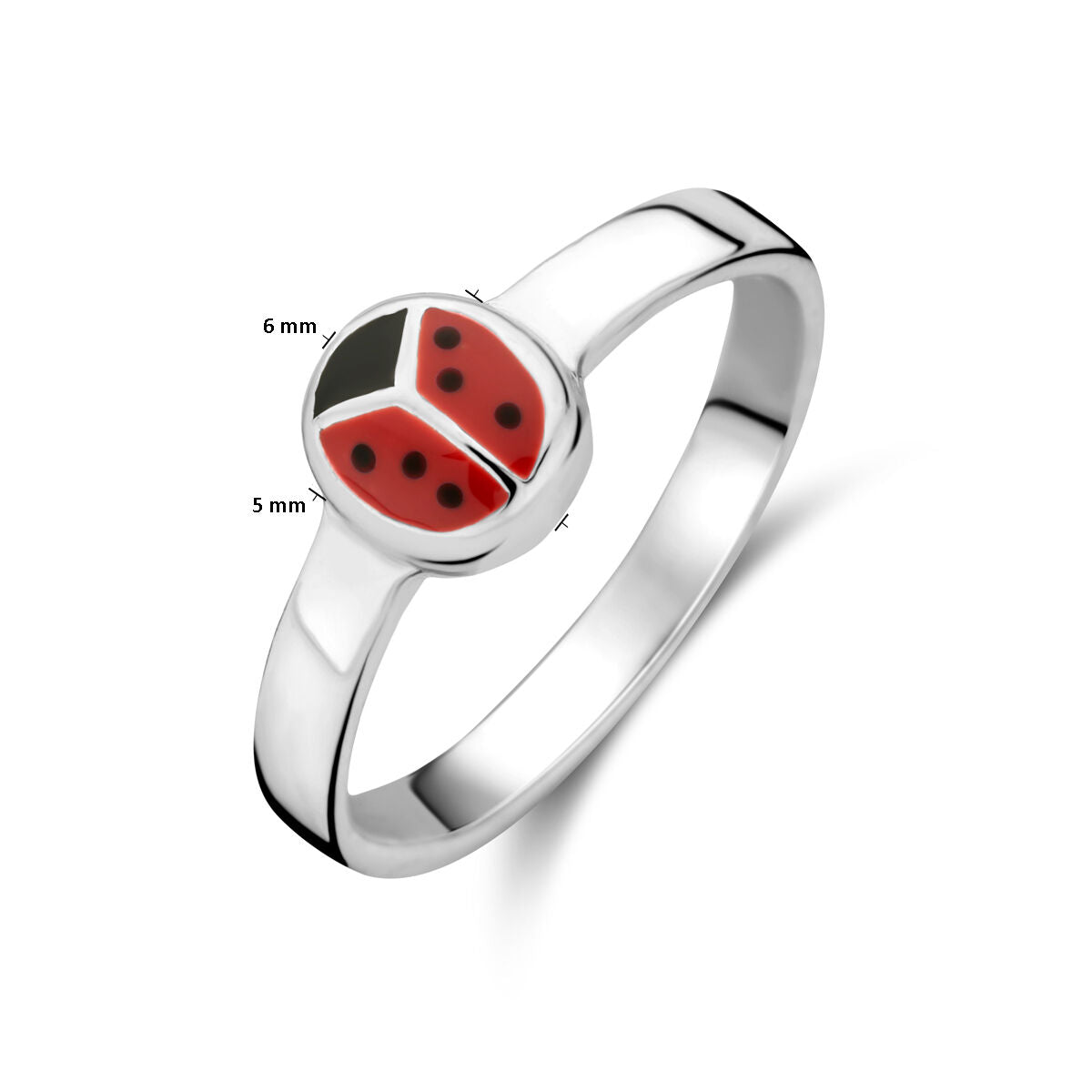 De Van der Kooij Collectie ring lieveheersbeestje zilver wit heeft een kleurrijk emaille lieveheersbeestje van 6 x 5 mm met zwarte stippen en lijn over de vleugels.