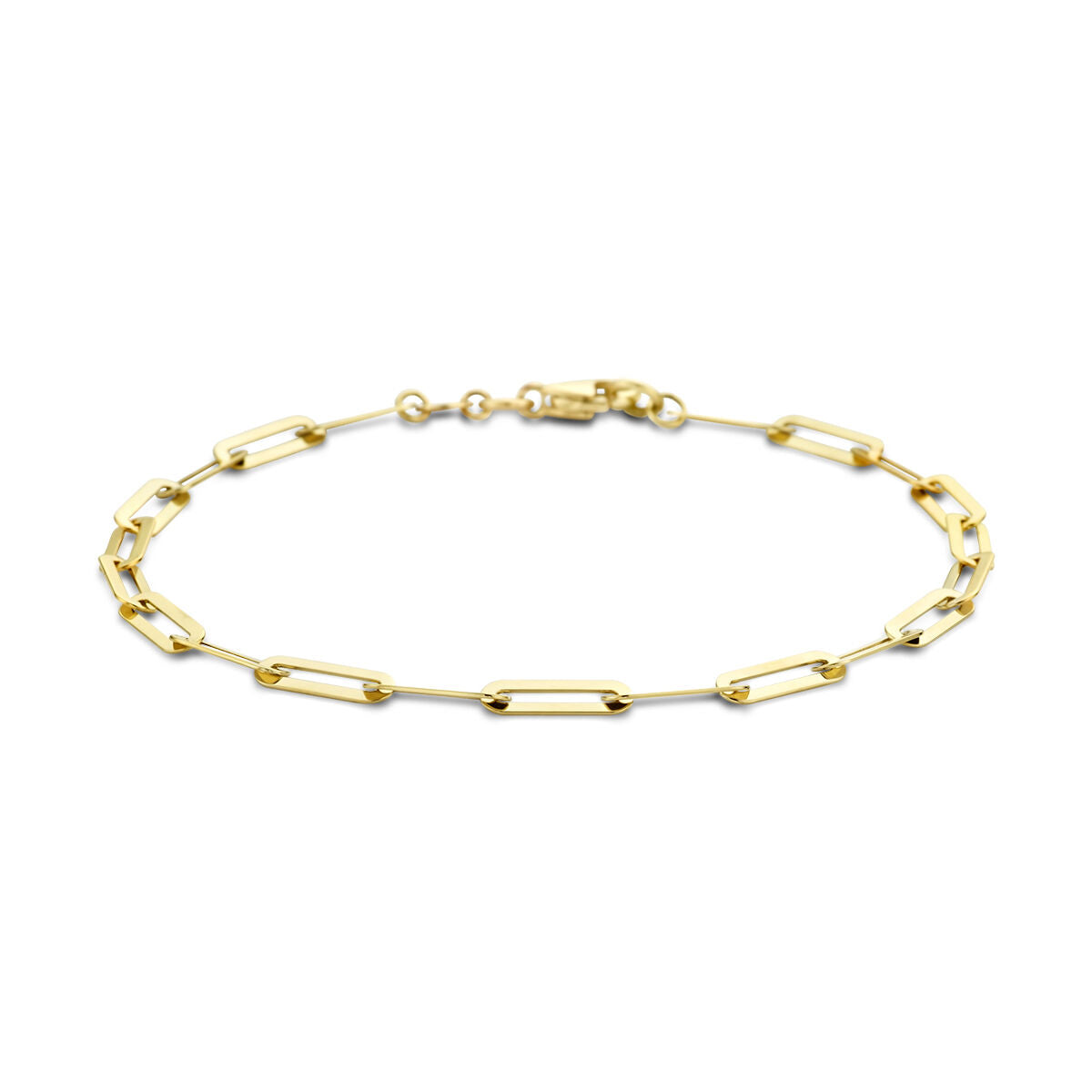 Gouden armband voor dames met paperclip-design, plat en gemaakt van 14K goud.
