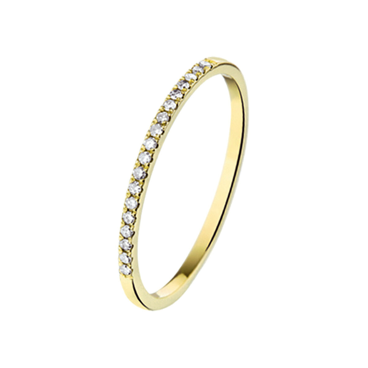 De Van der Kooij Collectie ring diamant 0,09ct H SI in 14K geelgoud heeft een slanke band met ronde witte diamanten gezet langs de bovenste helft, afgebeeld tegen een effen witte achtergrond.