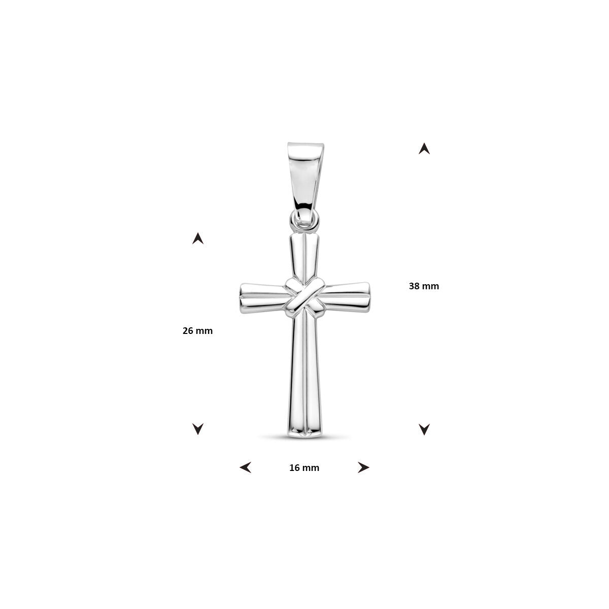 Van der Kooij Collectie hanger kruis 26 mm, vervaardigd uit gerhodineerd zilver, wordt getoond tegen een witte achtergrond.