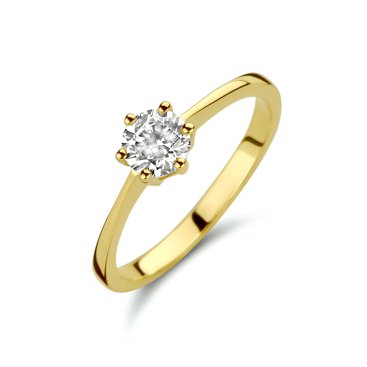 Ring van 14K geelgoud met een ronde zirkonia in een zes-punts zetting.