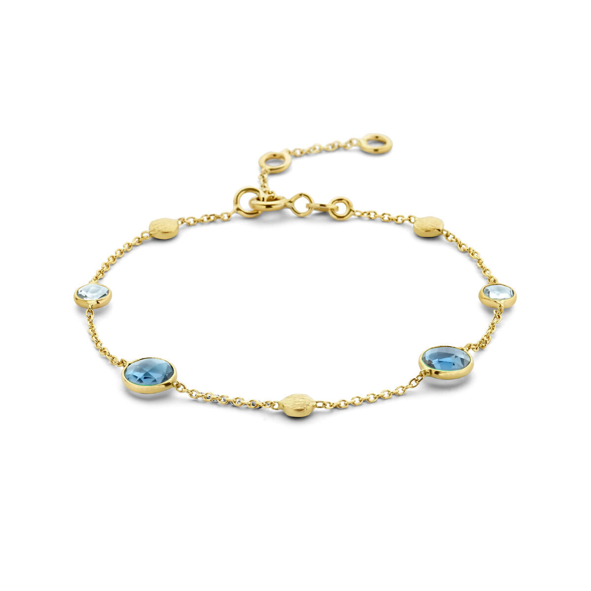 Gouden armband van 14K met london blue en blauwe topaas, versierd met ronde schakels.