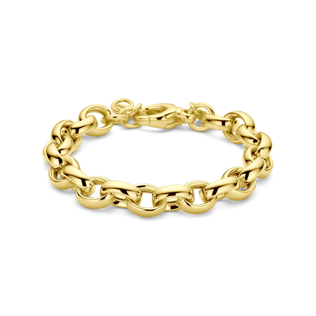 De Van der Kooij Collectie armband ovaal jasseron 9,5 mm (19,5 cm), 3 micron geel zilver verguld, heeft gedurfde in elkaar grijpende schakels en een karabijnsluiting - ideaal voor dames die op zoek zijn naar statement elegantie. Weergegeven op een witte achtergrond.