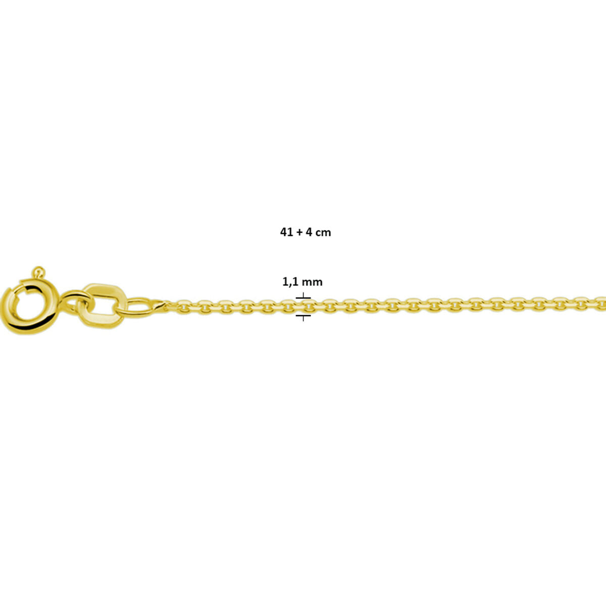 Close-up van een Van der Kooij Collectie collier anker gediamanteerd, 1,1 mm breed en 41 + 4 cm lang, in 3 micron geel verguld 925 zilver met een gouden afwerking en veerringsluiting.