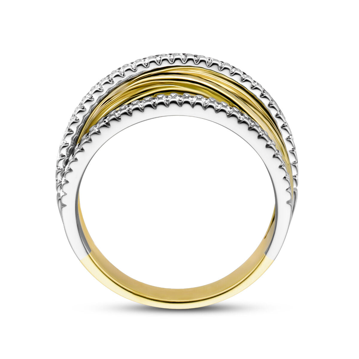 De Van der Kooij Collectie ring diamant 0,25ct H SI is uitgevoerd in gepolijst 14K tweekleurig geel- en witgoud in een gelaagd ontwerp, geaccentueerd met een diamant voor extra elegantie.