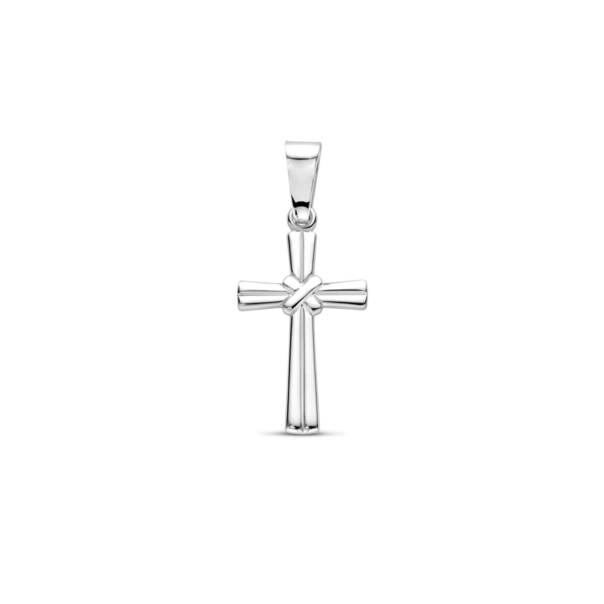 De hanger kruis 26 mm zilver gerhodineerd van Van der Kooij Collectie heeft een knoopdetail in het midden en is afgebeeld tegen een effen witte achtergrond.