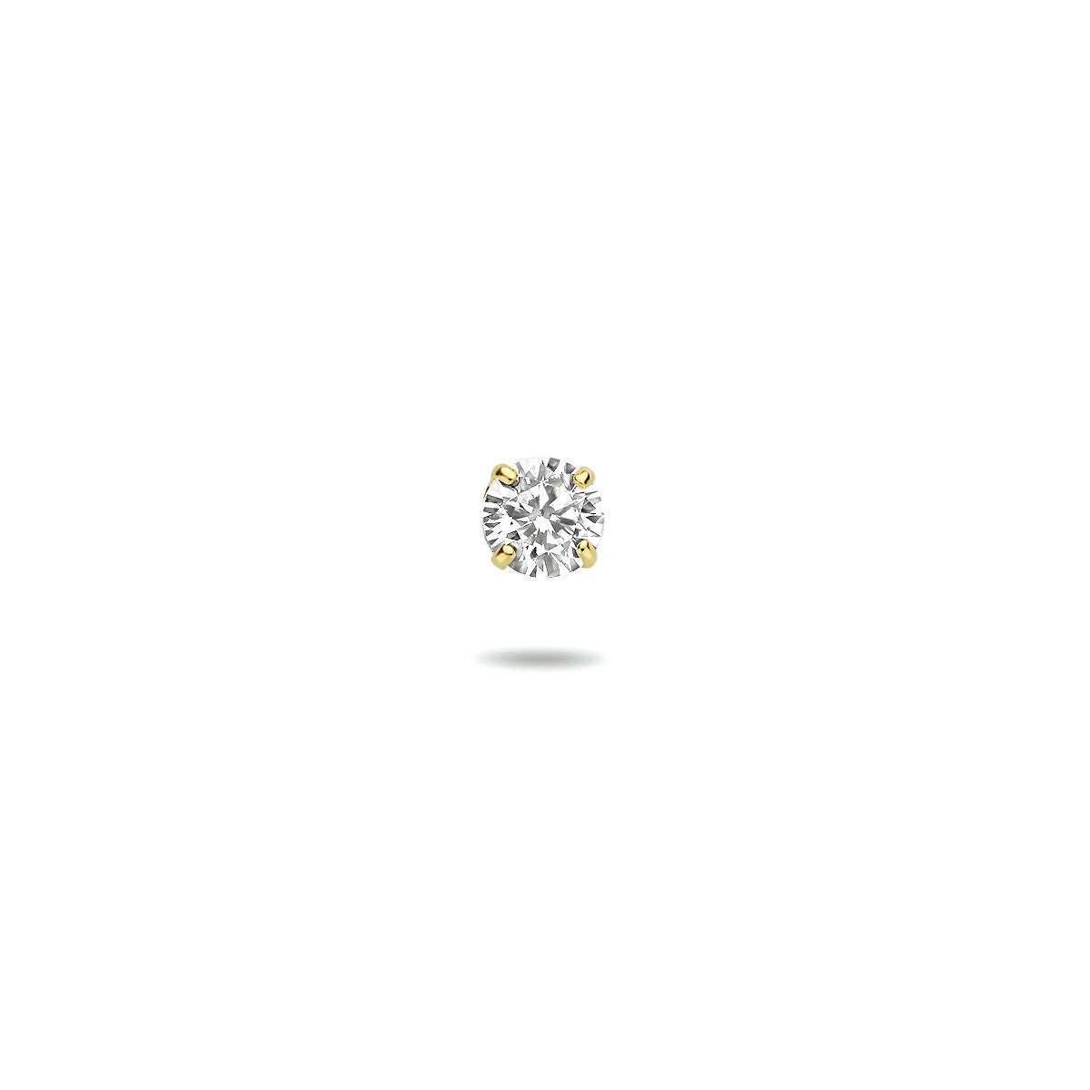Een enkele oorknop zirkonia per stuk 14K geelgoud van Van der Kooij Collectie is afgebeeld tegen een effen witte achtergrond met een vage schaduw eronder.