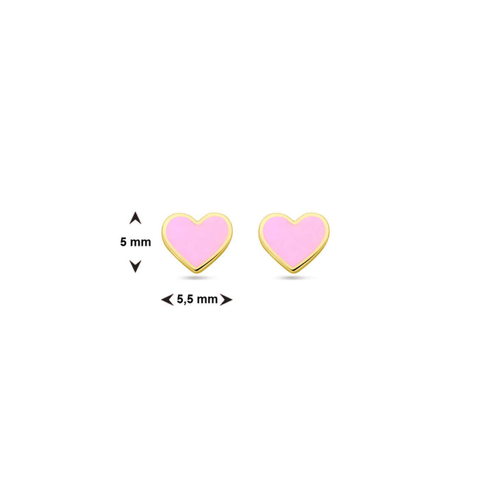 ear studs heart pink enamel 14K yellow gold