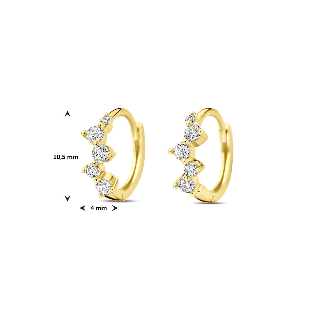 Van der Kooij Collectie klapoorringen zirkonia 10,5 mm zijn 14K geelgouden oorringen met drie sprankelende zirkonia's per oorbel, 10,5 mm hoog en 4 mm breed.
