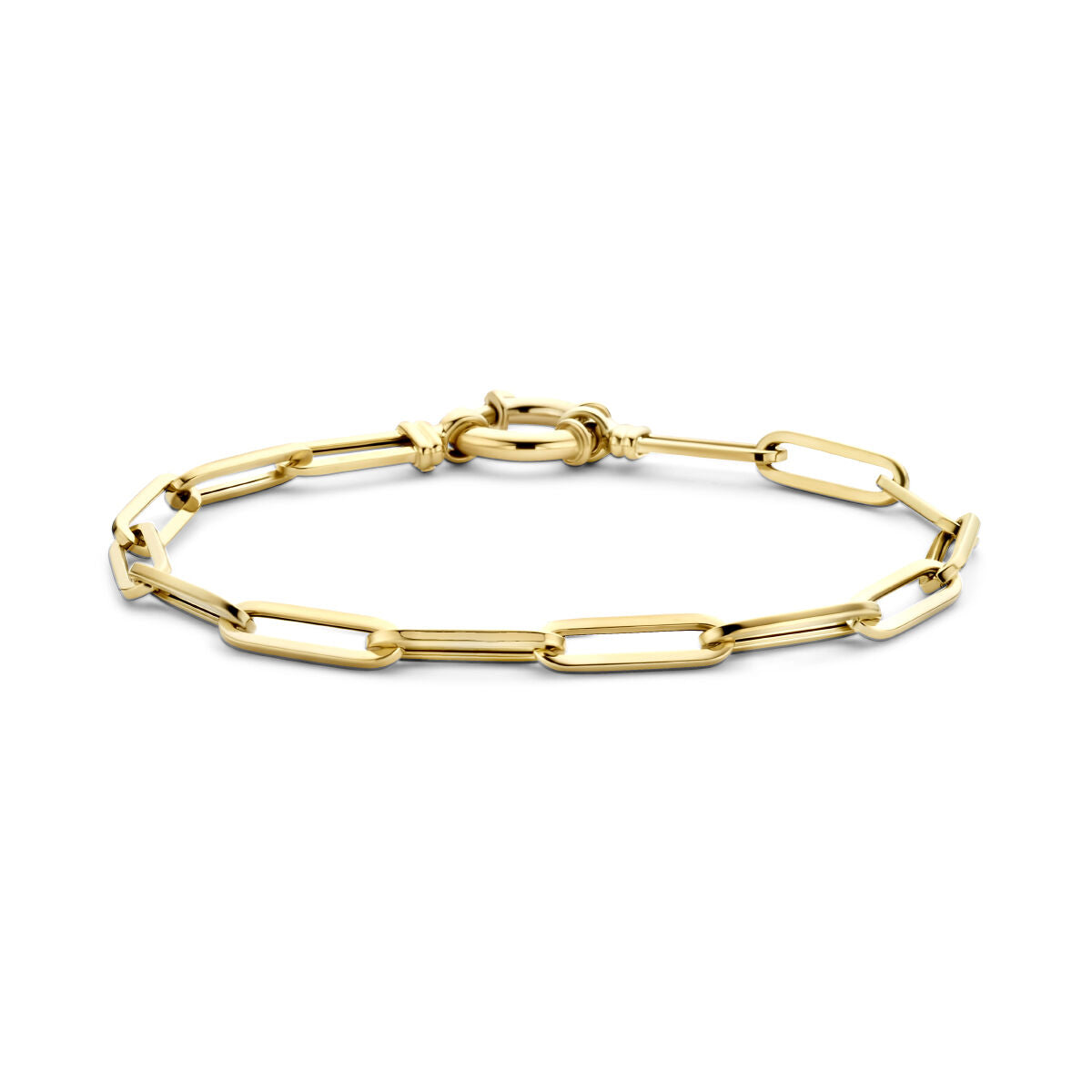 Een Van der Kooij Collectie 14K gouden damesarmband, paperclip-stijl met vierkante buizen en een groot springslot, gepresenteerd op een witte achtergrond.