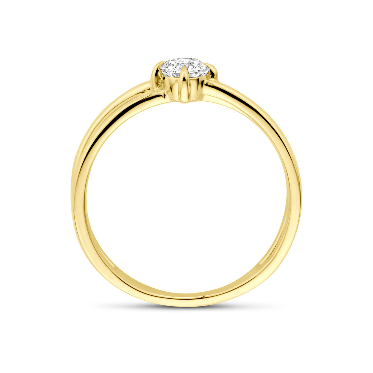 De Van der Kooij Collectie ring lab-grown diamant 0,25ct H SI in 14K geelgoud heeft een solitaire diamant in een vierpoots zetting, zijaanzicht tegen een witte achtergrond.