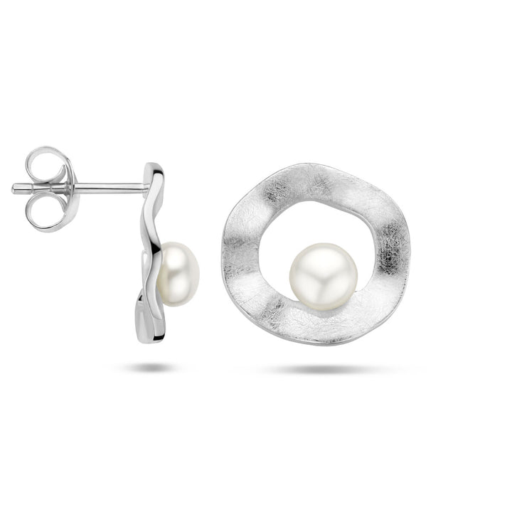 ear studs round pearl scratched silver rhodium plated